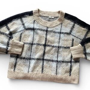 Anthropologie MOTH Sweater Cream Tan Black Windowpane Women’s Top Size XL
